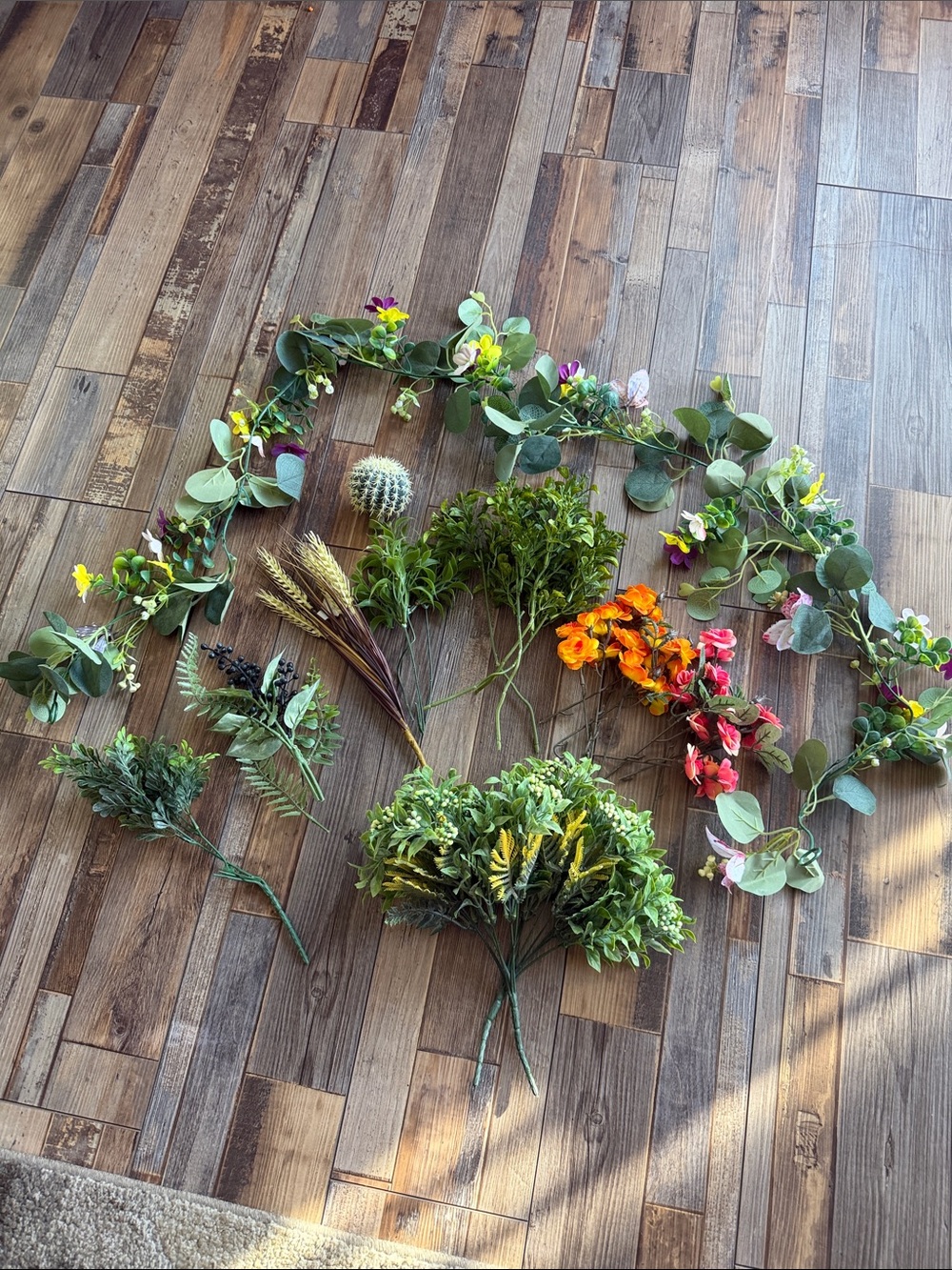 Assorted Artificial Greenery and Floral Stems - Green with Orange & Pink Accents